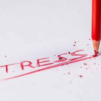 das Wort Stress in Rot auf einem Blatt Papier